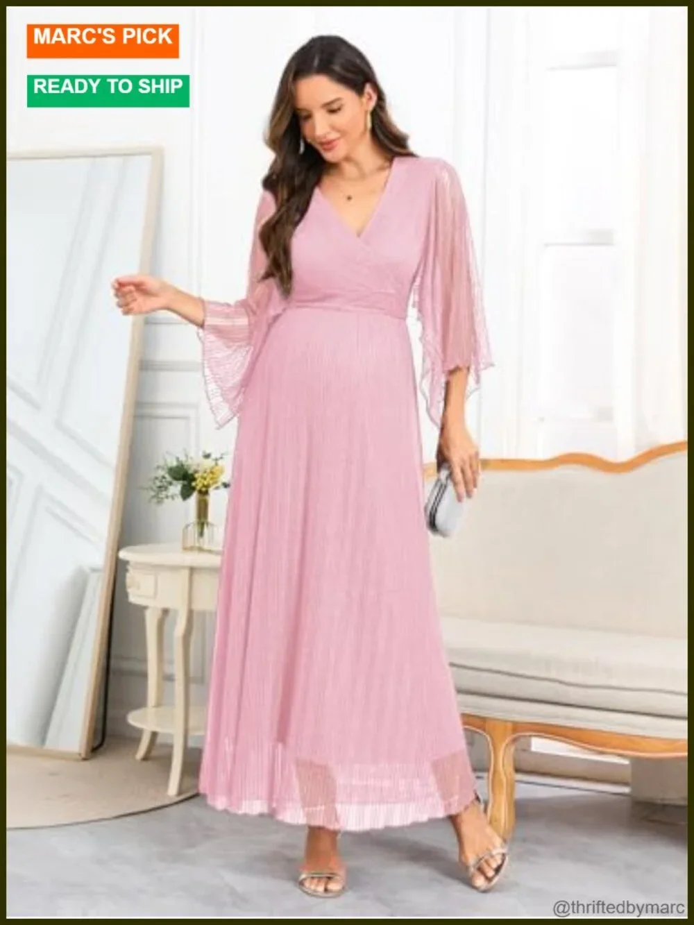 Maternity Sparkly Mesh Maxi Dress Handkerchief Sleeves Wrap V Neck Flowy Baby